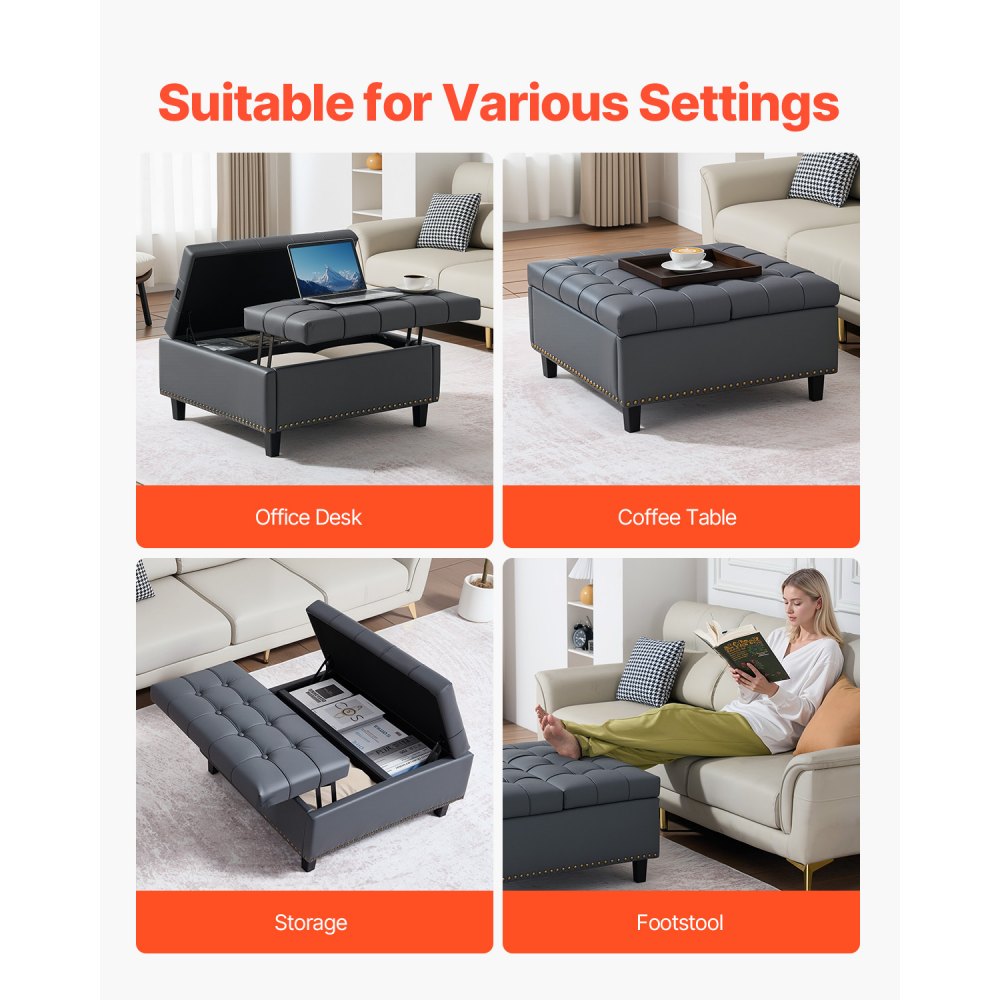 VEVOR 31 in Square Leather Ottoman with Storage, Upholstered Tufted Button Coffee Table Ottoman with Lift-Top & Flip Design, PU Leather High-Density Sponge for Living Room, Bedroom, Dorm, Grey