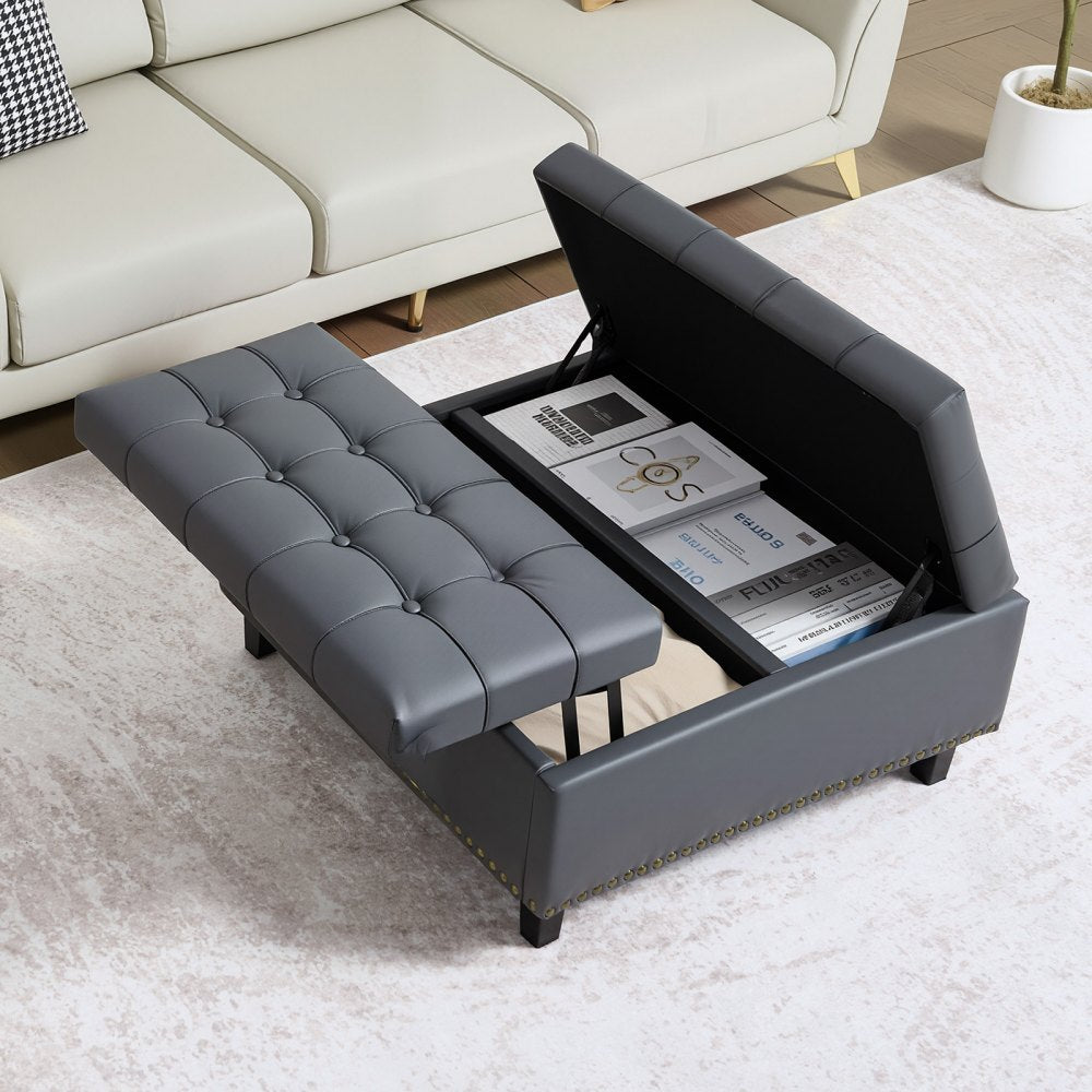 VEVOR 31 in Square Leather Ottoman with Storage, Upholstered Tufted Button Coffee Table Ottoman with Lift-Top & Flip Design, PU Leather High-Density Sponge for Living Room, Bedroom, Dorm, Grey