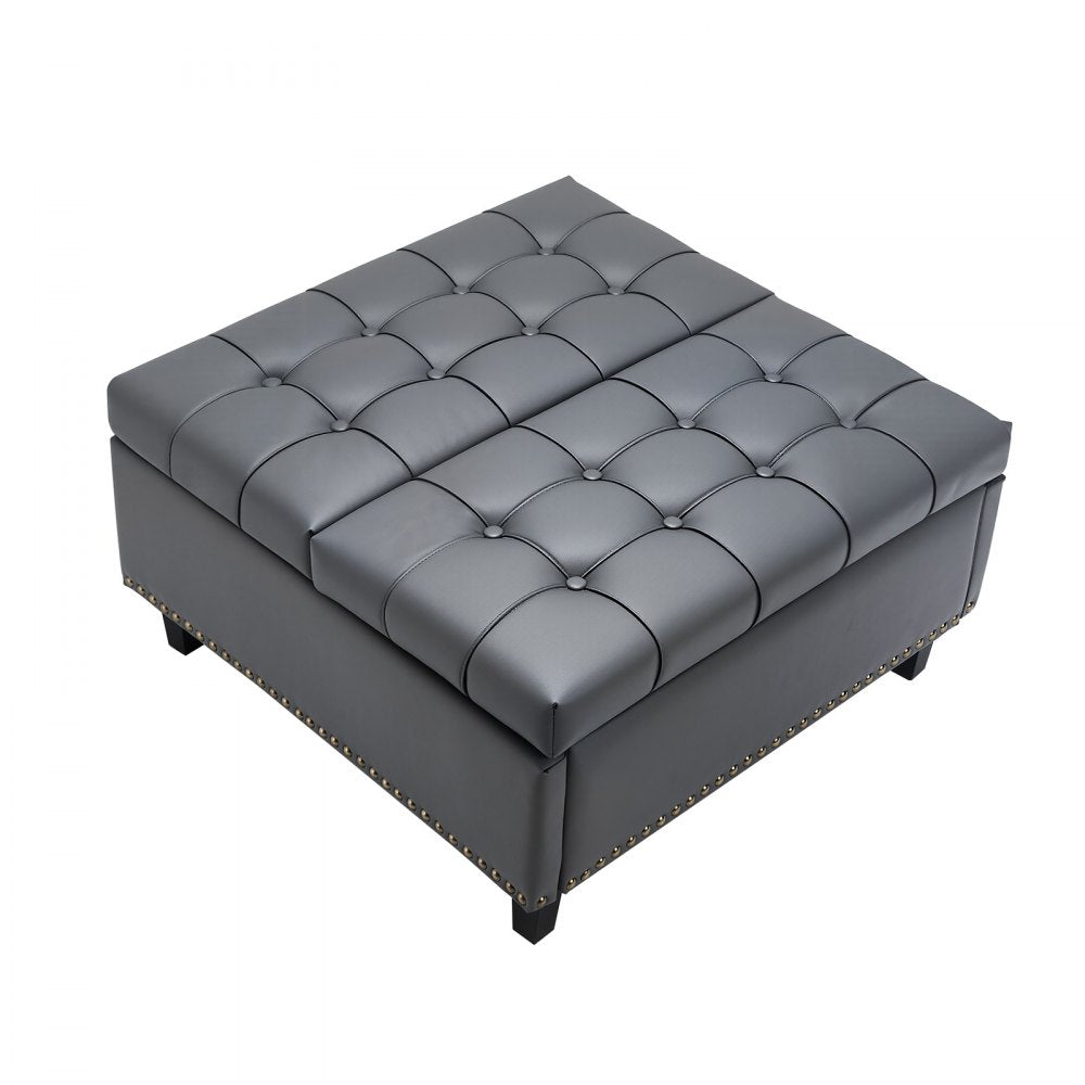 VEVOR 31 in Square Leather Ottoman with Storage, Upholstered Tufted Button Coffee Table Ottoman with Lift-Top & Flip Design, PU Leather High-Density Sponge for Living Room, Bedroom, Dorm, Grey