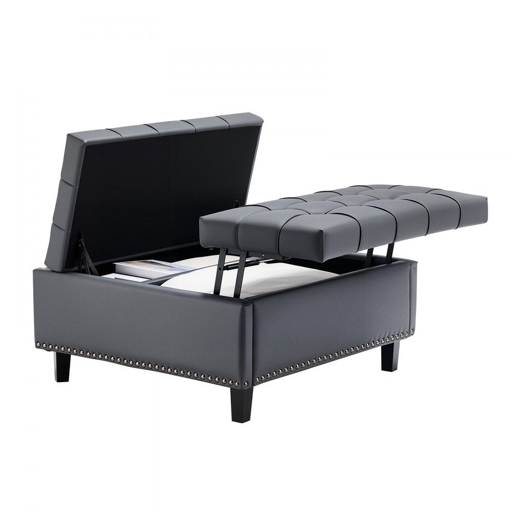 VEVOR 31 in Square Leather Ottoman with Storage, Upholstered Tufted Button Coffee Table Ottoman with Lift-Top & Flip Design, PU Leather High-Density Sponge for Living Room, Bedroom, Dorm, Grey