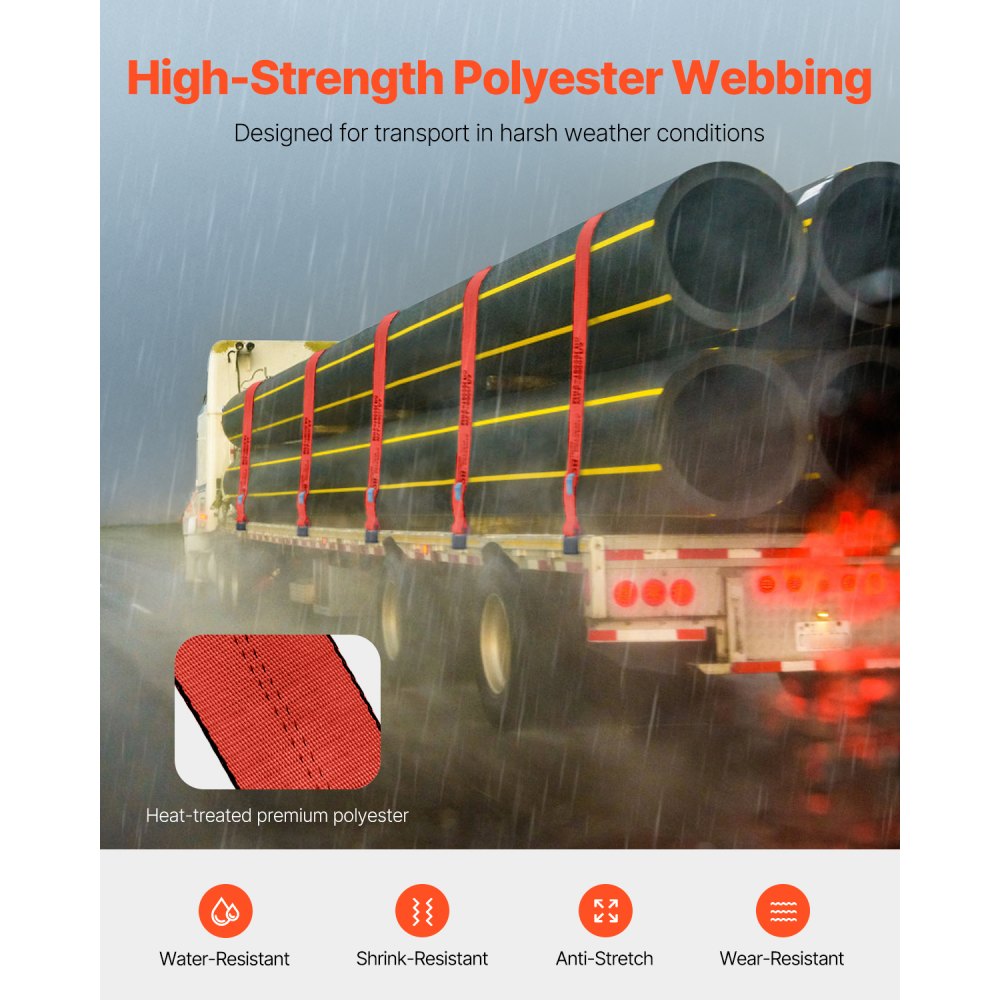 VEVOR Winch Straps, 4" x 30', 6000 lbs Load Capacity, 18000 lbs Breaking Strength, Truck Straps with Flat Hook, Flatbed Tie Downs Cargo Control for Trailers, Farms, Rescues, Tree Saver, Red (10 Pack)