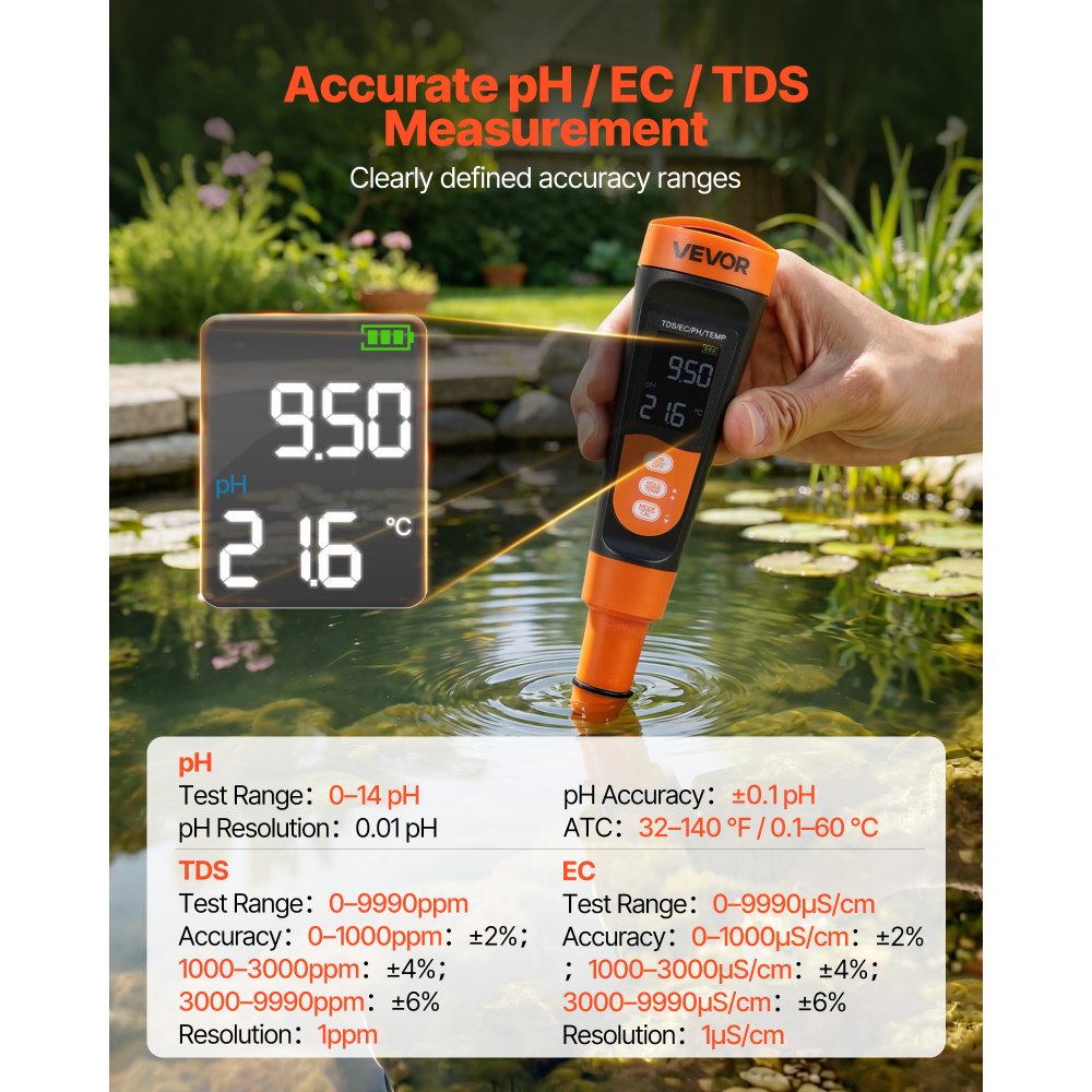 VEVOR pH Meter, Accurate pH/EC (Conductivity)/TDS (ppm) Multi-Parameter Measurement, IP68 Waterproof Probe, Pocket Tester Kit with Calibration Powder Packets, VA Display, for Water Quality Testing