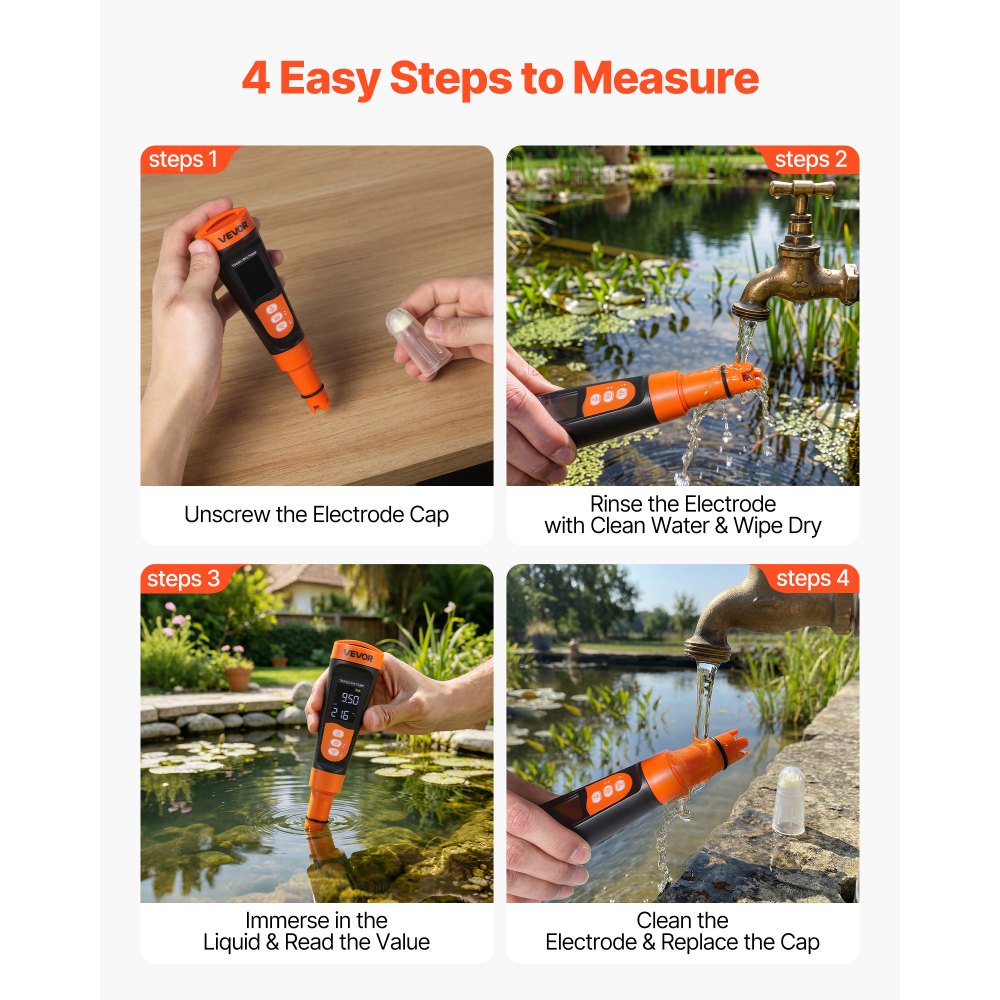VEVOR pH Meter, Accurate pH/EC (Conductivity)/TDS (ppm) Multi-Parameter Measurement, IP68 Waterproof Probe, Pocket Tester Kit with Calibration Powder Packets, VA Display, for Water Quality Testing