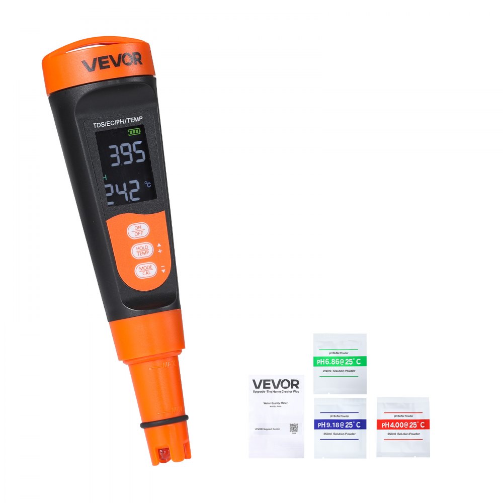 VEVOR pH Meter, Accurate pH/EC (Conductivity)/TDS (ppm) Multi-Parameter Measurement, IP68 Waterproof Probe, Pocket Tester Kit with Calibration Powder Packets, VA Display, for Water Quality Testing