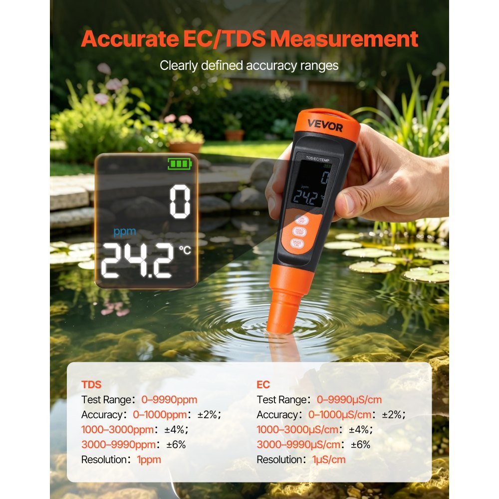 VEVOR TDS Meter, 0-9990 ppm Measuring Range, EC (Conductivity) /TDS (ppm) Multi-Parameter Measurement, Digital Water Tester with ATC, Clear VA Display Screen, for Drinking Water Quality Testing