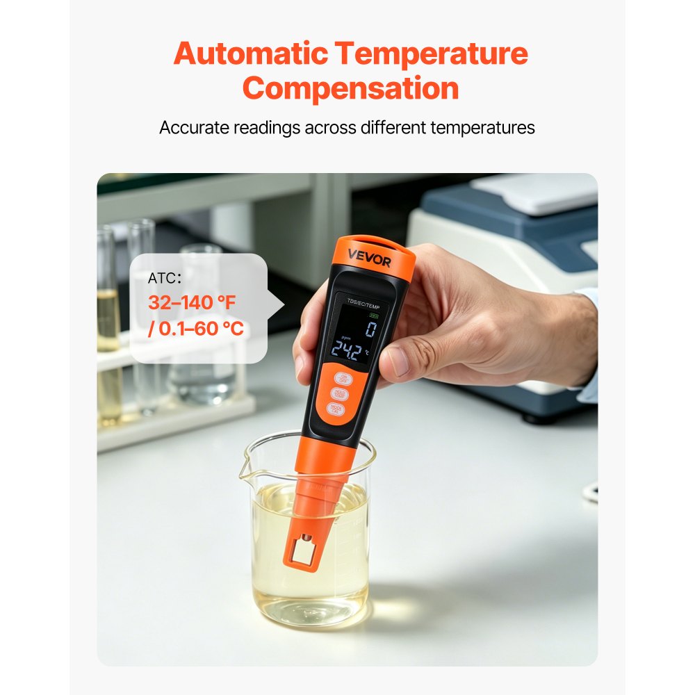 VEVOR TDS Meter, 0-9990 ppm Measuring Range, EC (Conductivity) /TDS (ppm) Multi-Parameter Measurement, Digital Water Tester with ATC, Clear VA Display Screen, for Drinking Water Quality Testing