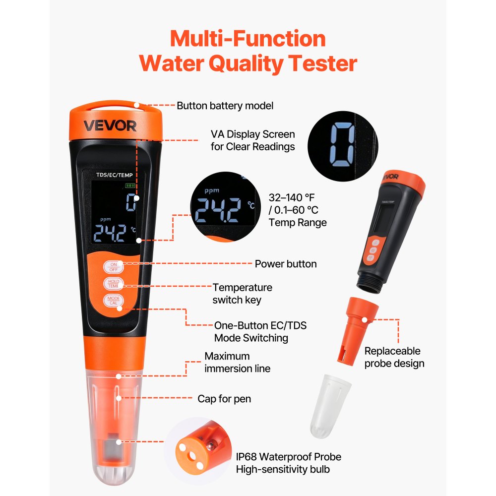 VEVOR TDS Meter, 0-9990 ppm Measuring Range, EC (Conductivity) /TDS (ppm) Multi-Parameter Measurement, Digital Water Tester with ATC, Clear VA Display Screen, for Drinking Water Quality Testing