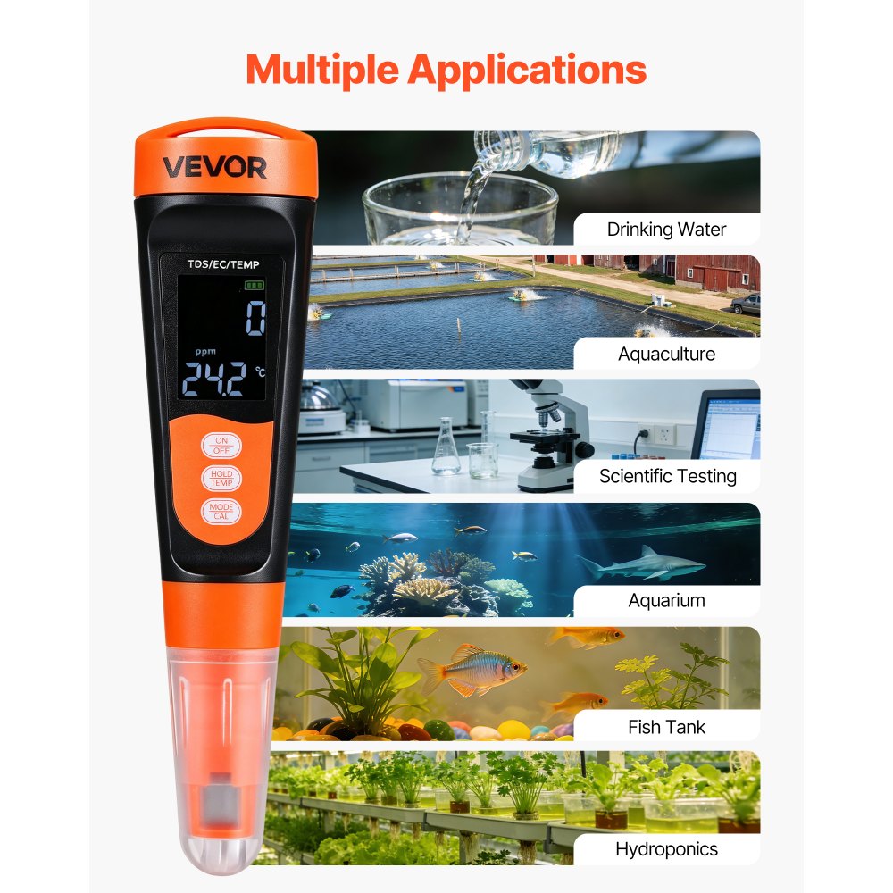 VEVOR TDS Meter, 0-9990 ppm Measuring Range, EC (Conductivity) /TDS (ppm) Multi-Parameter Measurement, Digital Water Tester with ATC, Clear VA Display Screen, for Drinking Water Quality Testing