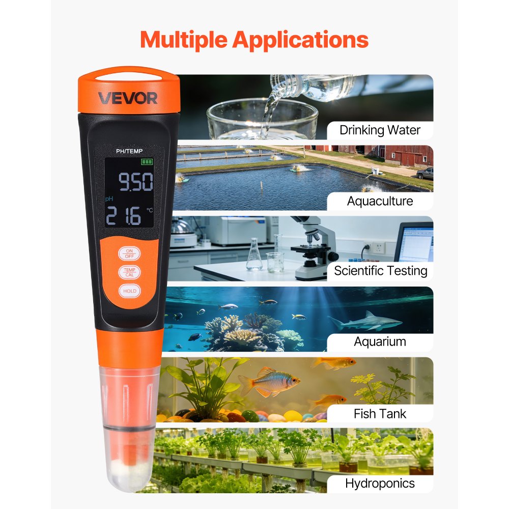 VEVOR pH Meter, 0-14 pH Range, IP68 Waterproof Probe, Pocket Tester Kit with Calibration Powder Packets, VA Display Screen, for Drinking Water, Hydroponics, and Aquarium Water Quality Testing