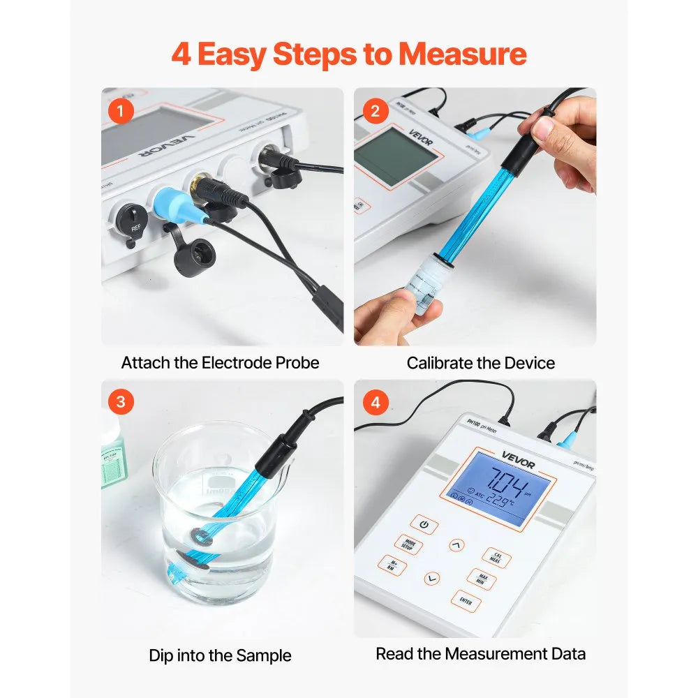 VEVOR Benchtop pH Meter, 0-14 pH Range, Laboratory Tester Kit with Large Backlit Display, Calibration Solutions, Power Adapter, Stores Up to 50 Readings, for Temperature and Water Quality Testing