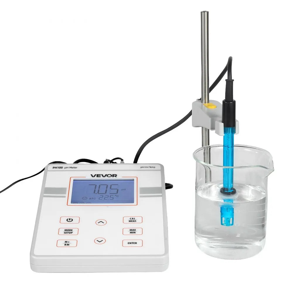 VEVOR Benchtop pH Meter, 0-14 pH Range, Laboratory Tester Kit with Large Backlit Display, Calibration Solutions, Power Adapter, Stores Up to 50 Readings, for Temperature and Water Quality Testing