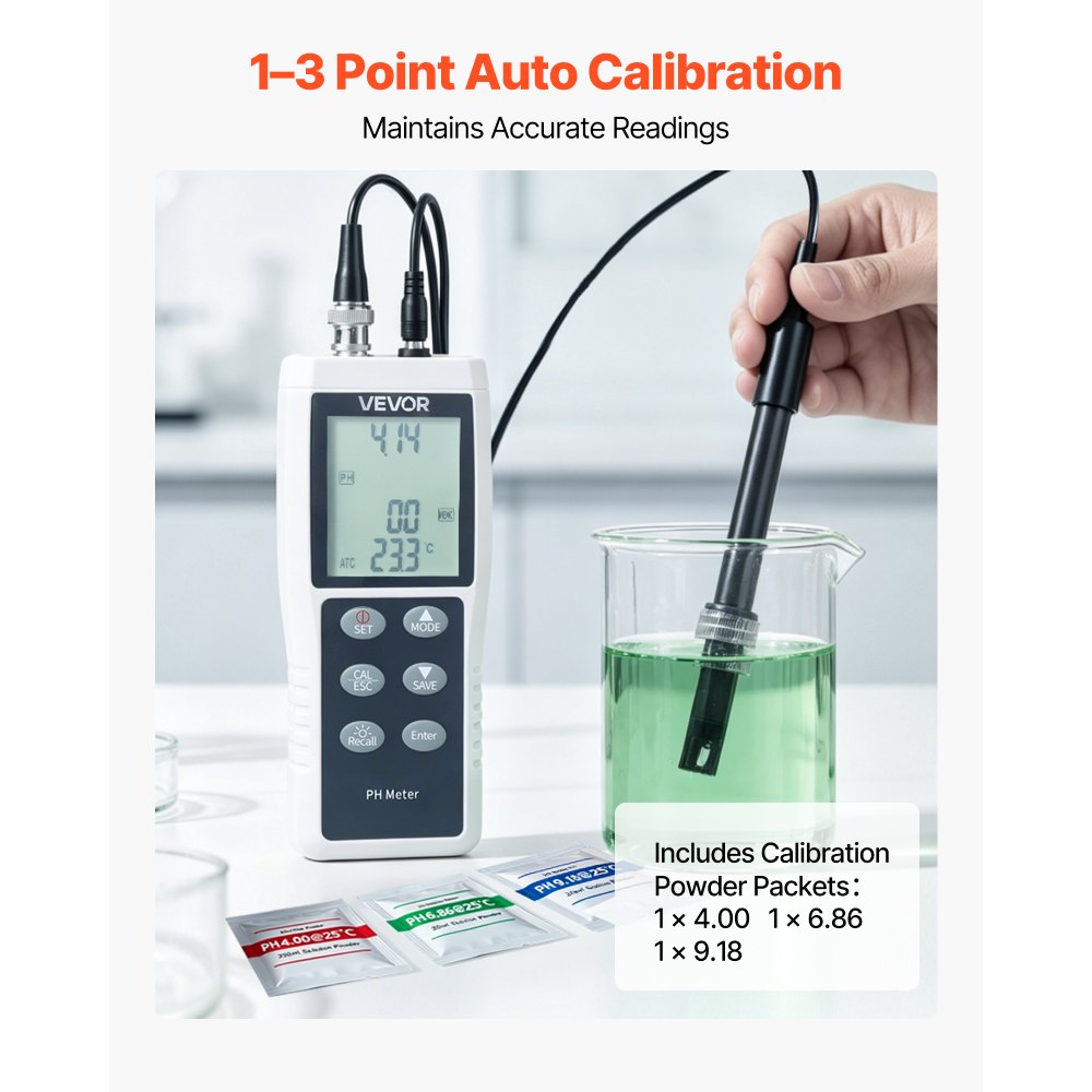 VEVOR pH Meter, 0-14 pH Range, IP68 Waterproof Probe, 3-Point Auto Calibration, Portable Tester Kit with Calibration Powder Packets, Temperature Probe, Carrying Case, for Drinking Water, Hydroponics
