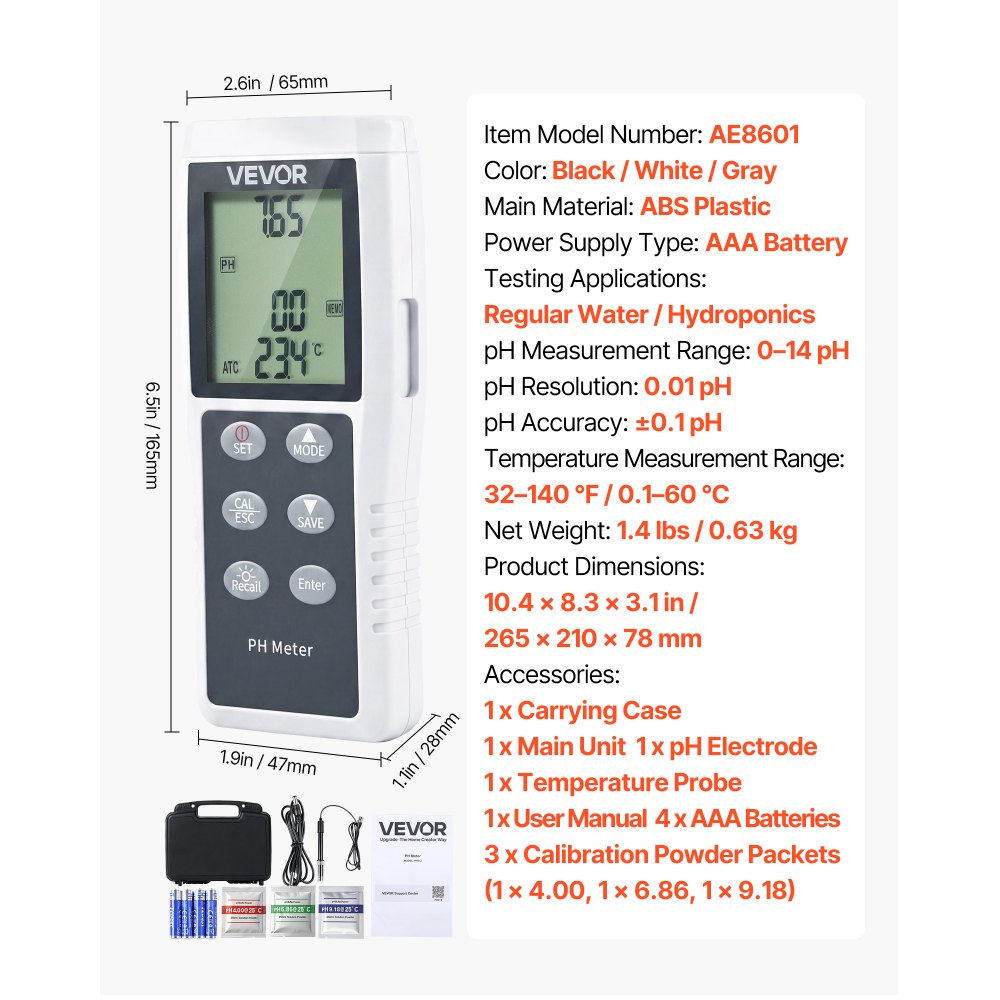 VEVOR pH Meter, 0-14 pH Range, IP68 Waterproof Probe, 3-Point Auto Calibration, Portable Tester Kit with Calibration Powder Packets, Temperature Probe, Carrying Case, for Drinking Water, Hydroponics