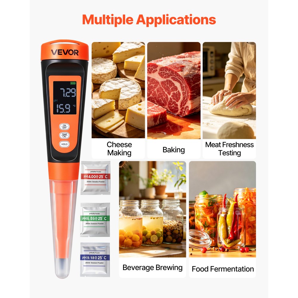 VEVOR Food pH Meter, 0-14 pH Range, IP68 Waterproof Probe, Pocket Tester Kit with Automatic Temperature Compensation, Calibration Powder Packets, Easy to Read, for Food Fermentation, Dough, Meat