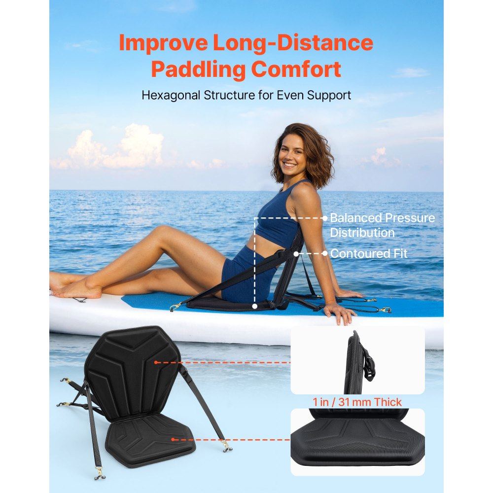 VEVOR Kayak Seat, 1 Pack 1" Thick, Universal Paddle Board Seat with Back Support, Hexagonal Sit-on-Top Soft Padded Cushion with Storage Bag & Adjustable Straps for SUP, Fishing Boat, Inflatable Kayak