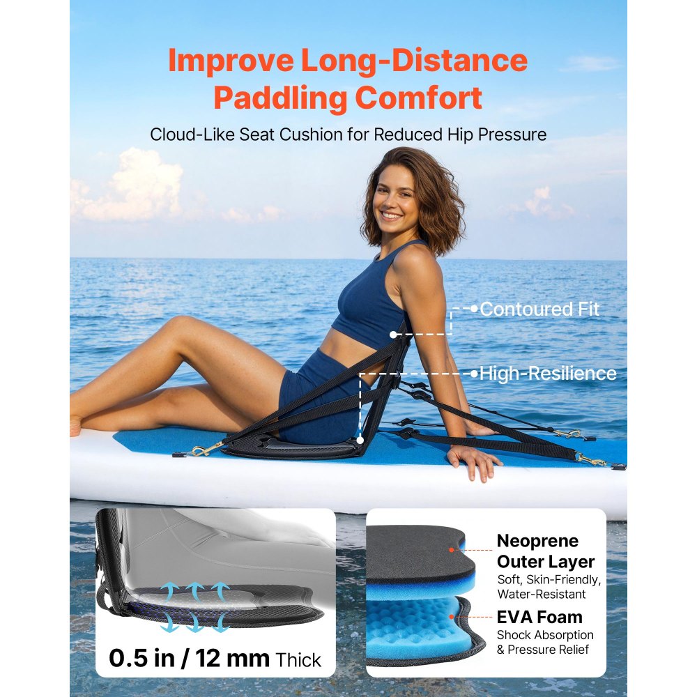 VEVOR Kayak Seat, 2 Pack 0.5" Thick, Universal Paddle Board Seat with Back Support, Sit-on-Top Soft Padded Cushion with Storage Bag & Adjustable Straps for SUP, Canoe, Fishing Boat, Inflatable Kayak