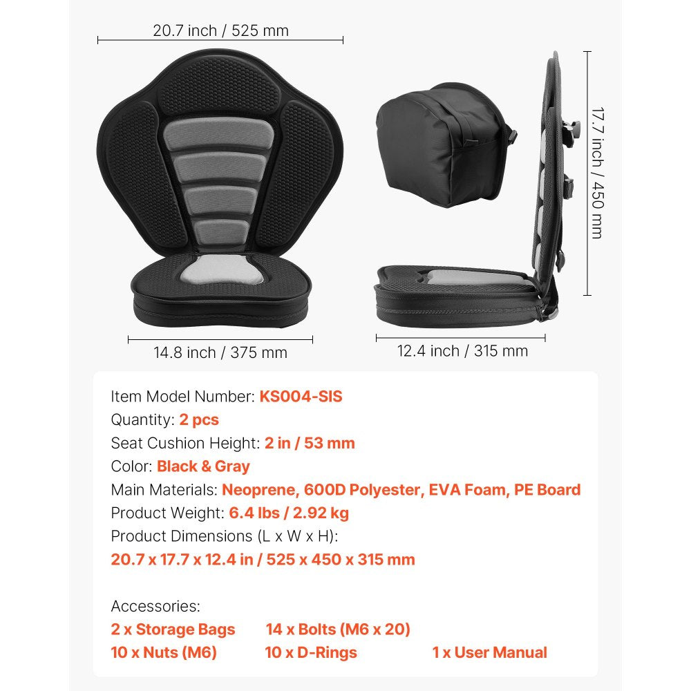 VEVOR Kayak Seat, 2 Pack 2" Thick, Universal Paddle Board Seat with Back Support, Sit-on-Top Soft Padded Cushion with Storage Bag & Adjustable Straps for SUP, Canoe, Fishing Boat, Inflatable Kayak