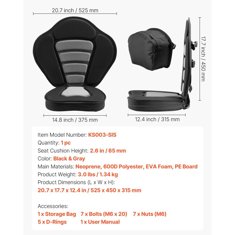 VEVOR Kayak Seat, 1 Pack 2.6" Thick, Universal Paddle Board Seat with Back Support, Sit-on-Top Soft Padded Cushion with Storage Bag & Adjustable Straps for SUP, Canoe, Fishing Boat, Inflatable Kayak