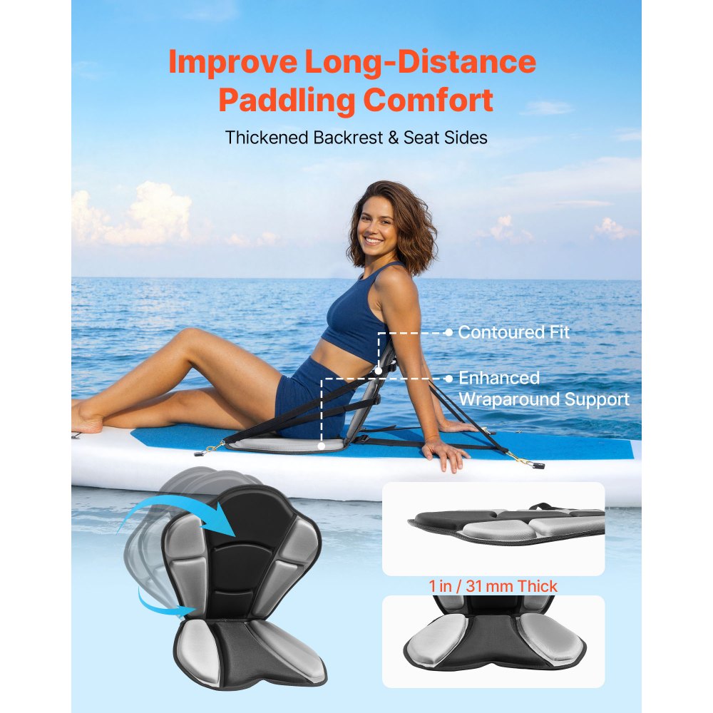 VEVOR Kayak Seat, 1 Pack 1" Thick, Universal Paddle Board Seat with Back Support, Sit-on-Top Soft Padded Cushion with Storage Bag & Adjustable Straps for SUP, Fishing Boat, Inflatable Kayak, Rowboat