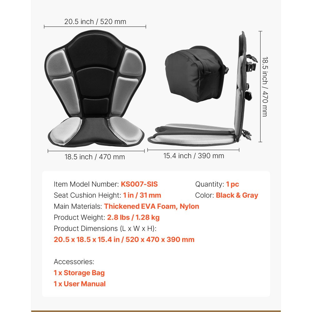 VEVOR Kayak Seat, 1 Pack 1" Thick, Universal Paddle Board Seat with Back Support, Sit-on-Top Soft Padded Cushion with Storage Bag & Adjustable Straps for SUP, Fishing Boat, Inflatable Kayak, Rowboat