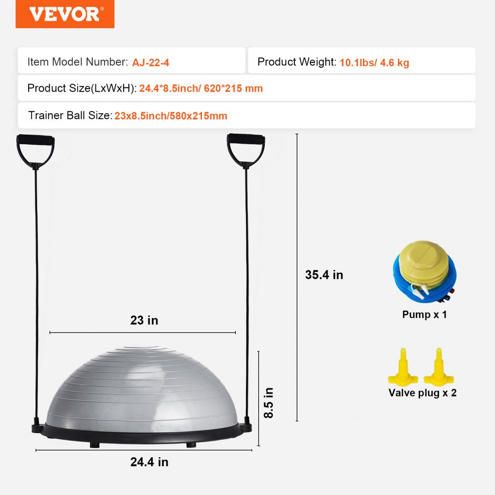 VEVOR Half Exercise Ball Trainer, 23 inch Balance Ball Trainer, 660lbs Capacity Stability Ball, Yoga Ball with Resistance Bands & Foot Pump, Strength Fitness Ball for Home Gym, Full Body Workout, Gray