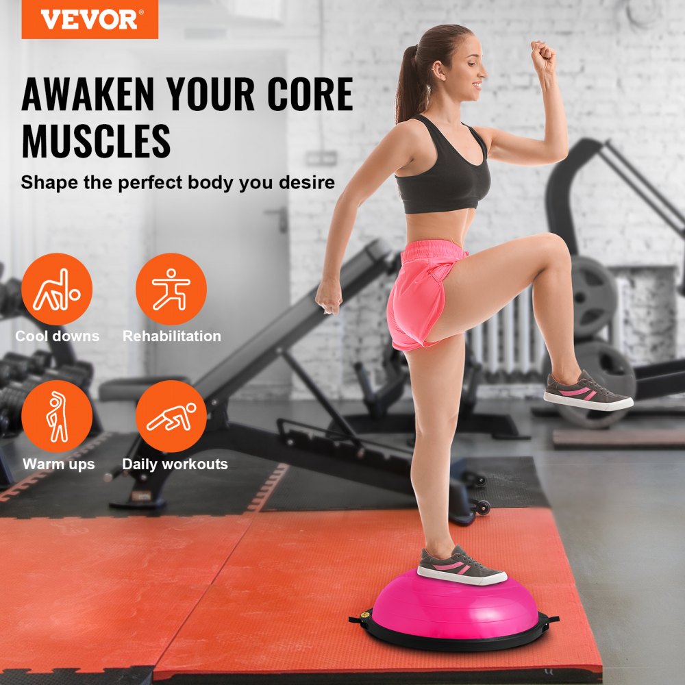 VEVOR Half Exercise Ball Trainer, 26 inch Balance Ball Trainer, 1500lbs Capacity Stability Ball, Yoga Ball with Resistance Bands & Foot Pump, Strength Fitness Ball for Home Gym Full Body Workout, Pink