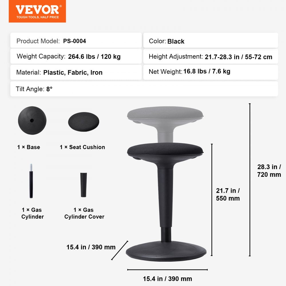 VEVOR Wobble Chair, Height-Adjustable (21.7-28.3") Active Chair, Flexible Seating Wobble Stool Made of Iron Improves Focus & Posture, Ideal for Schools, Office and Home, 8° Tilt Angle, Age 12-18, Black