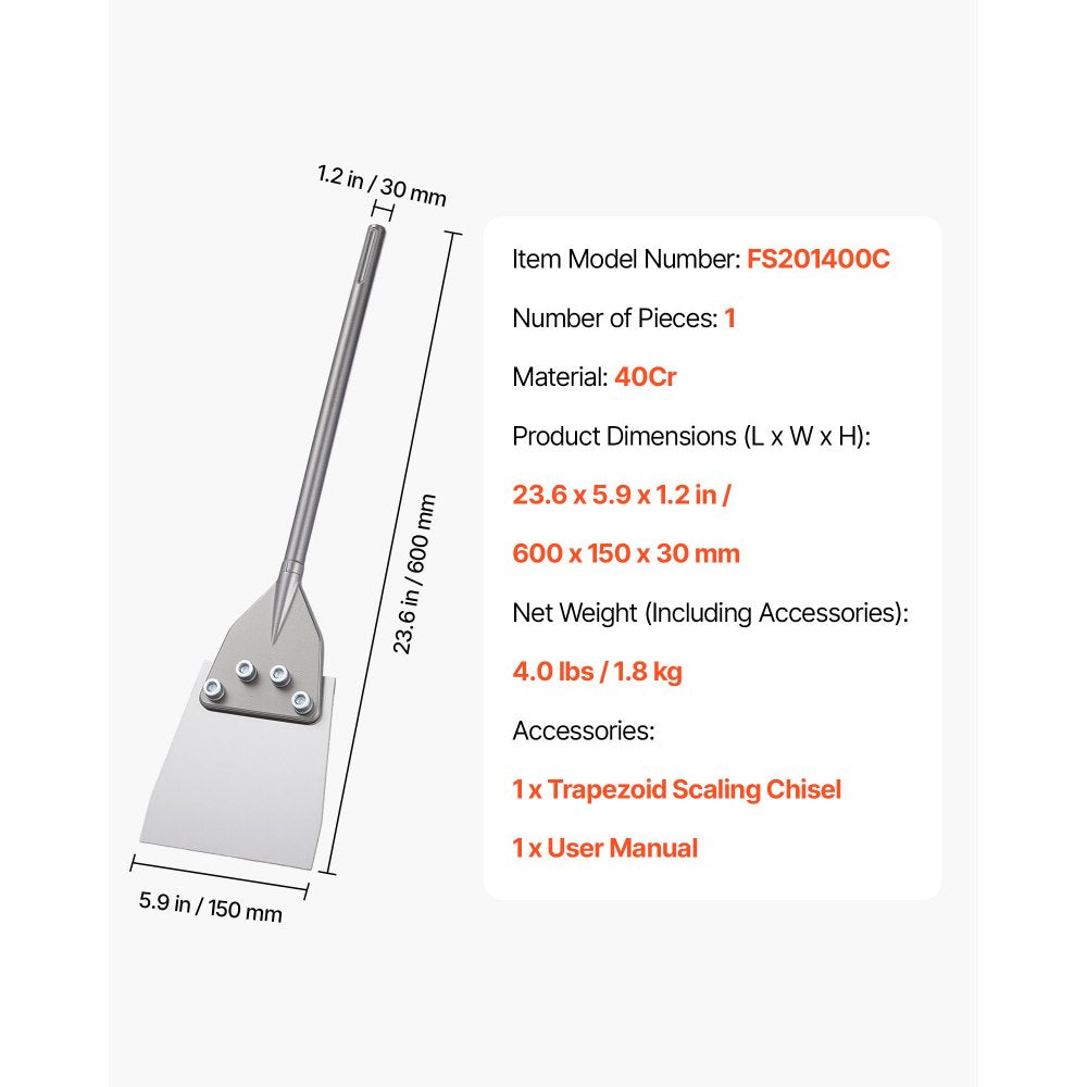 VEVOR SDS Max Floor Scraper, 23.6" x 5.9" Chisel Bit with SDS Max Shank, Compatible with Rotary Hammers, Heat Treated 40Cr Alloy Steel, Sharp Edge for Removing Laminate Flooring, Tiles, and Mortar