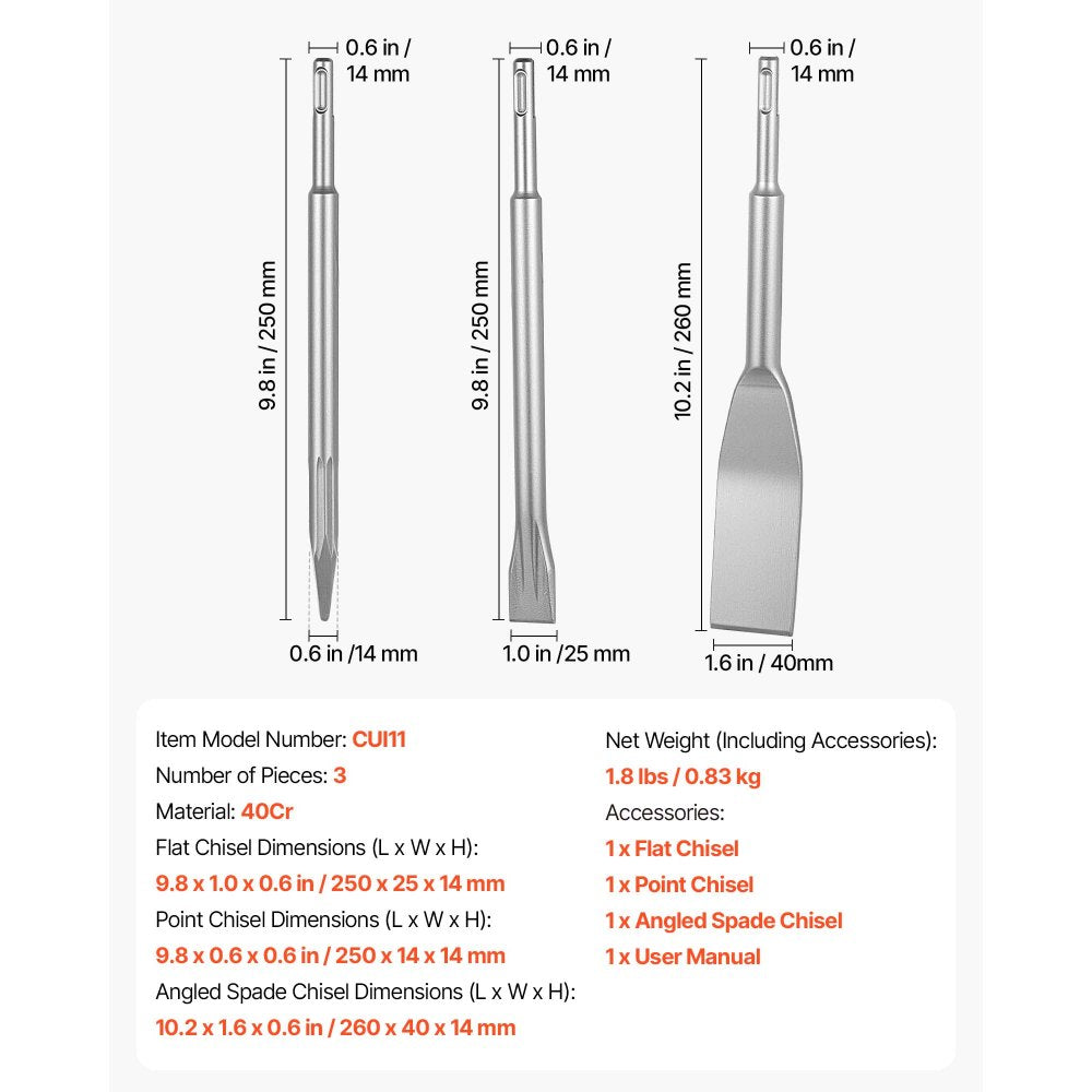 VEVOR SDS Plus Chisel Set, 3 pcs SDS Plus Rotary Hammer Drill Attachments, Includes Point, Flat, & Angled Spade Chisels, Heat Treated 40Cr Alloy Steel, Sharp Edge for Demolition, Concrete and Brick