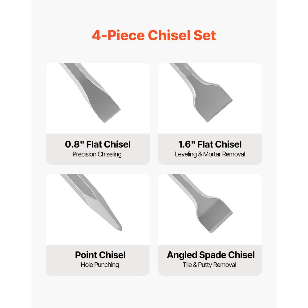 VEVOR SDS Plus Chisel Set, 4 pcs SDS Plus Rotary Hammer Drill Attachments, Includes Point, Flat, & Angled Spade Chisels, Heat Treated 40Cr Alloy Steel, Sharp Edge for Demolition, Concrete and Brick