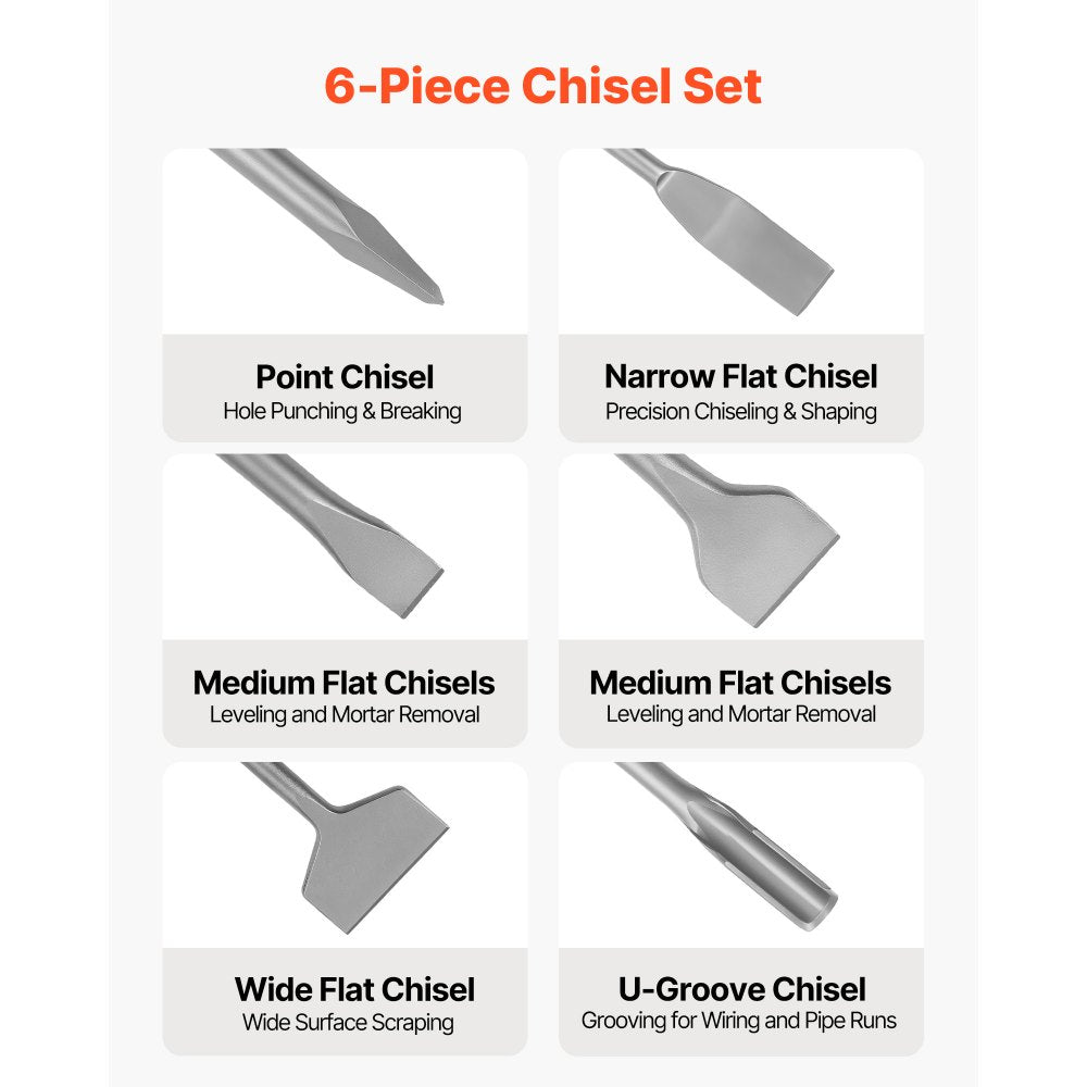 VEVOR SDS Plus Chisel Set, 6pcs SDS Plus Rotary Hammer Drill Attachments, Includes Point, Flat, & U-Groove Chisels, Heat Treated 40Cr Alloy Steel, Sharp Edge for Demolition, Concrete and Brick