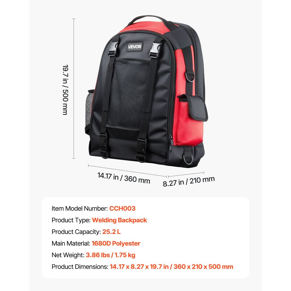 VEVOR Welding Backpack, 25.2L Welder Backpack for Tools and Helmet, 1680D High-Density Polyester Extreme Gear Pack with Helmet Bag, Multi-Purpose Gear Storage Bag for Welding, Outdoor Camping, Hiking