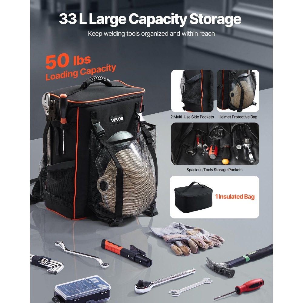 VEVOR Welding Backpack, 33L Welder Backpack with Insulated Bag & Helmet Bag, 600D Polyester Extreme Gear Pack for Tools and Helmet, Multi-Purpose Gear Storage Bag for Welding, Outdoor Camping, Hiking