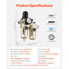 VEVOR Air Compressor Filter Regulator Lubricator (FRL), 3/8" NPT Air Compressor Water Separator, Semi-Auto Drain Air-Drying System with 5μm Brass Filter Element, 145PSI Max Working Pressure, Poly Bowl