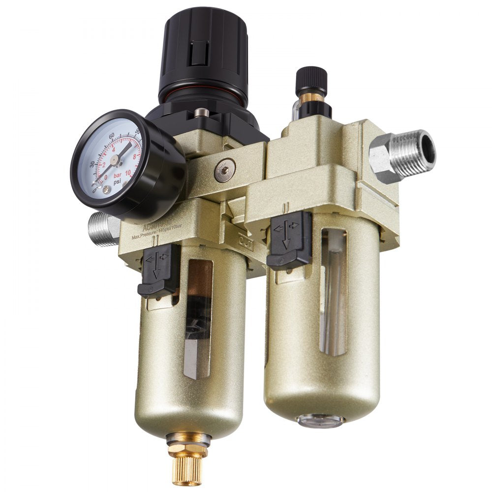 VEVOR Air Compressor Filter Regulator Lubricator (FRL), 3/8" NPT Air Compressor Water Separator, Semi-Auto Drain Air-Drying System with 5μm Brass Filter Element, 145PSI Max Working Pressure, Poly Bowl