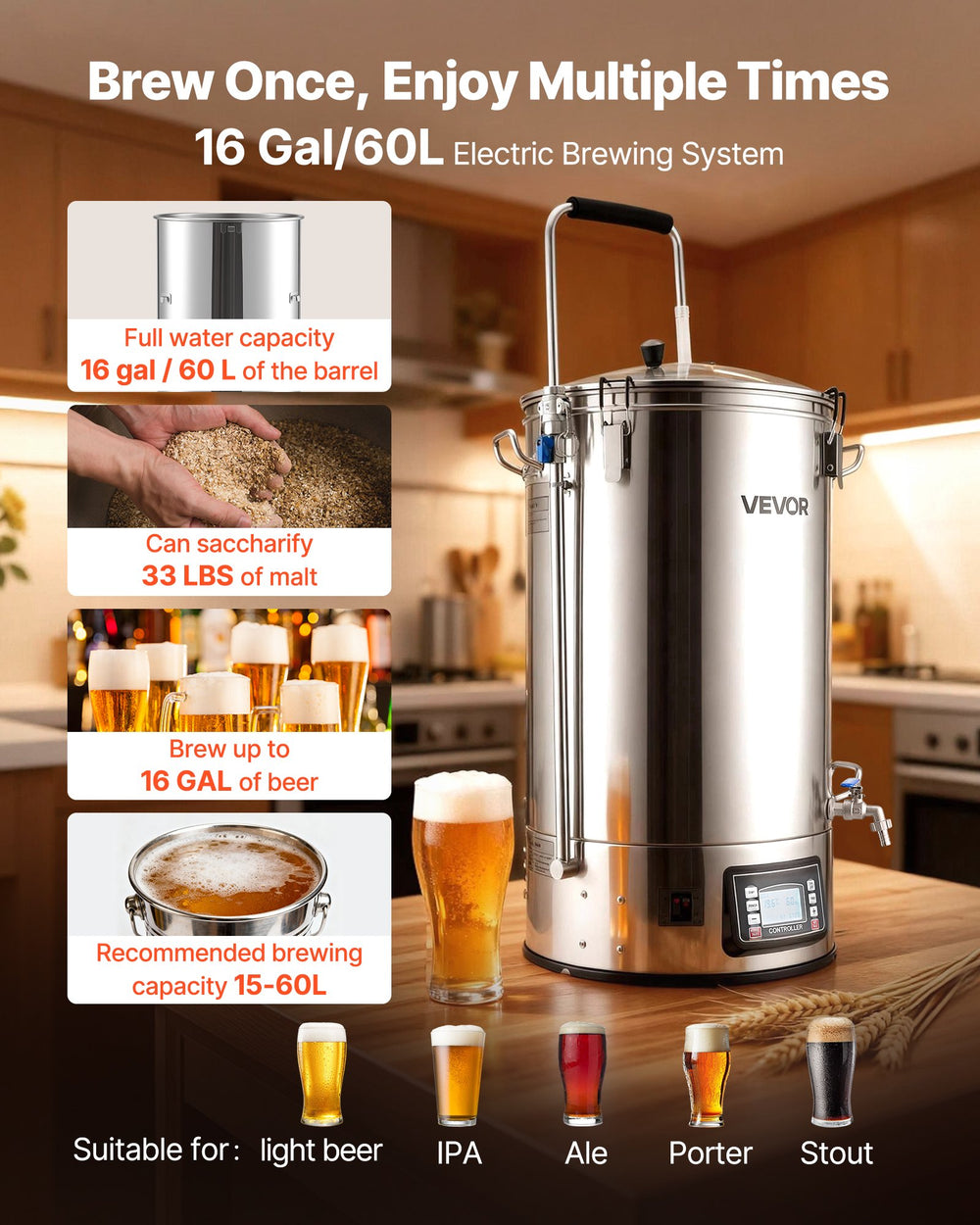 VEVOR DM-N60 16 Gal/60L electric brewing system in kitchen setting (capacity highlights)