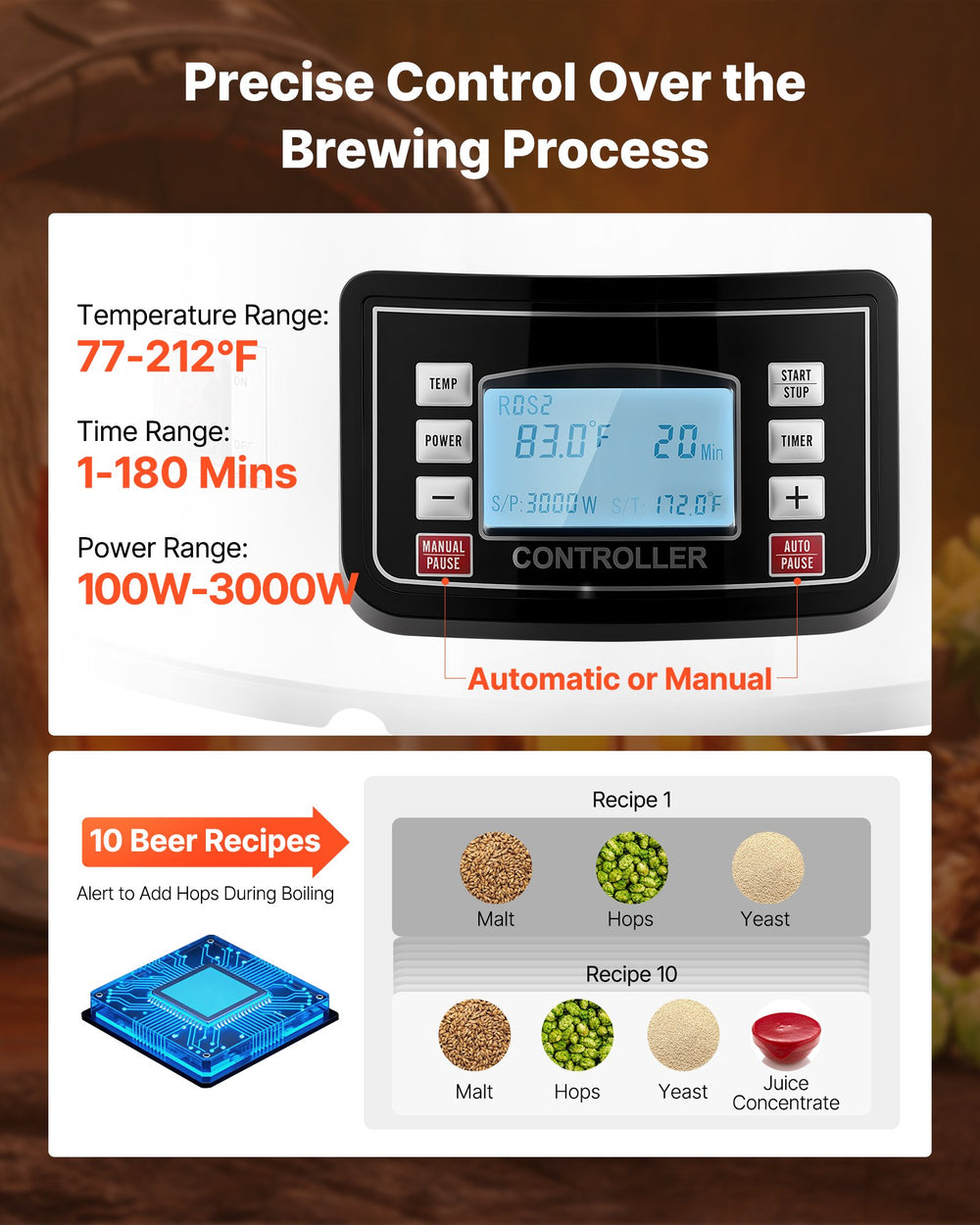 VEVOR DM-N60 digital controller close-up (temperature, time, and power ranges)