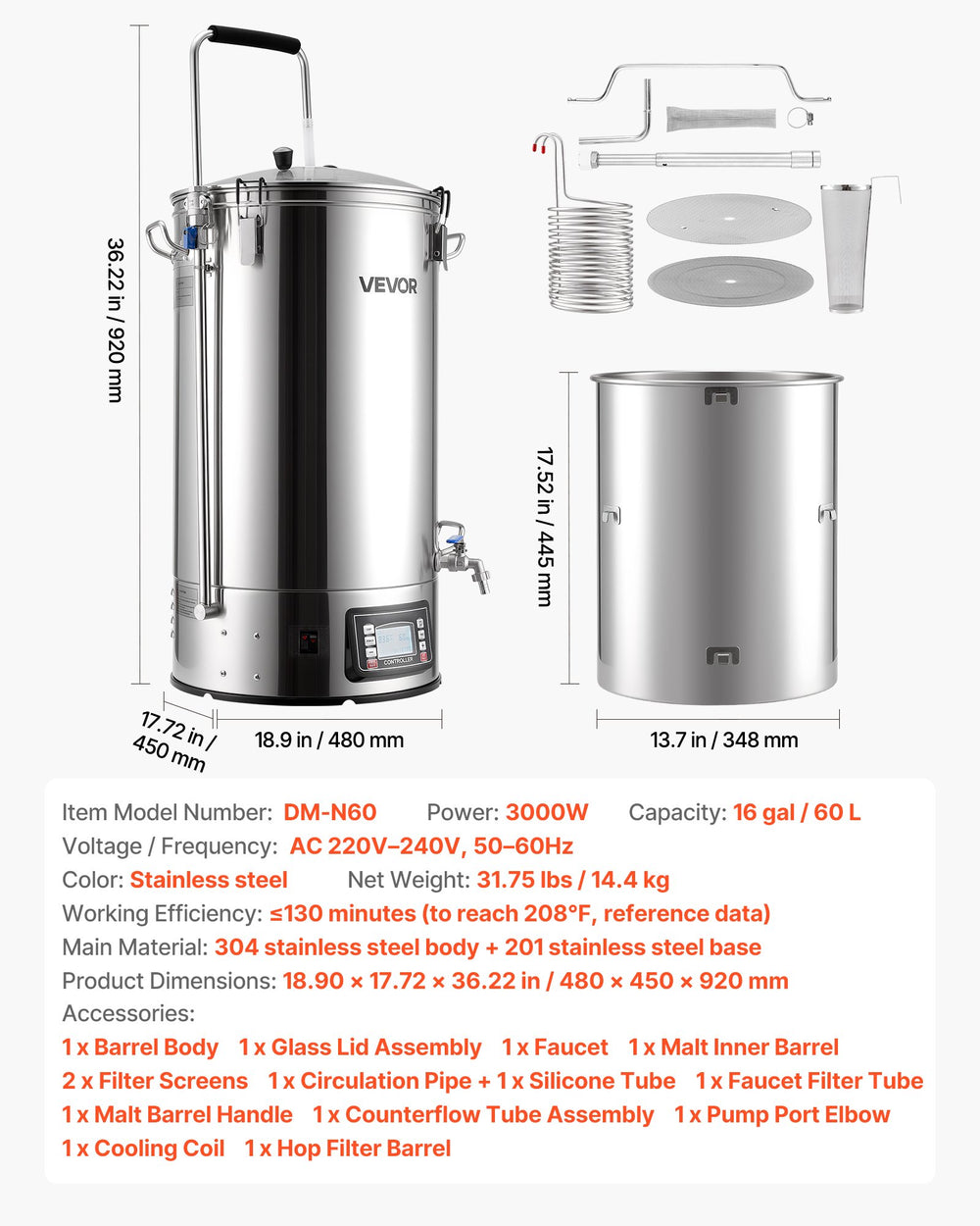 VEVOR DM-N60 dimensions and specs overview image