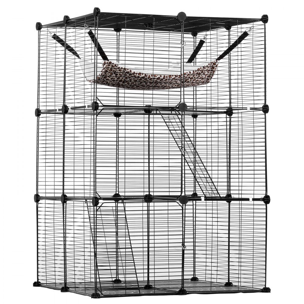 VEVOR Large 3-tier Cat Cage, 28 x 28 x 41", DIY Detachable Metal Wire Durable Cat Enclosure, with Large Hammock 2 Ramp Ladders, Fit for Cats Exercise Indoor ＆ Outdoor, Ease of Assembly, Black