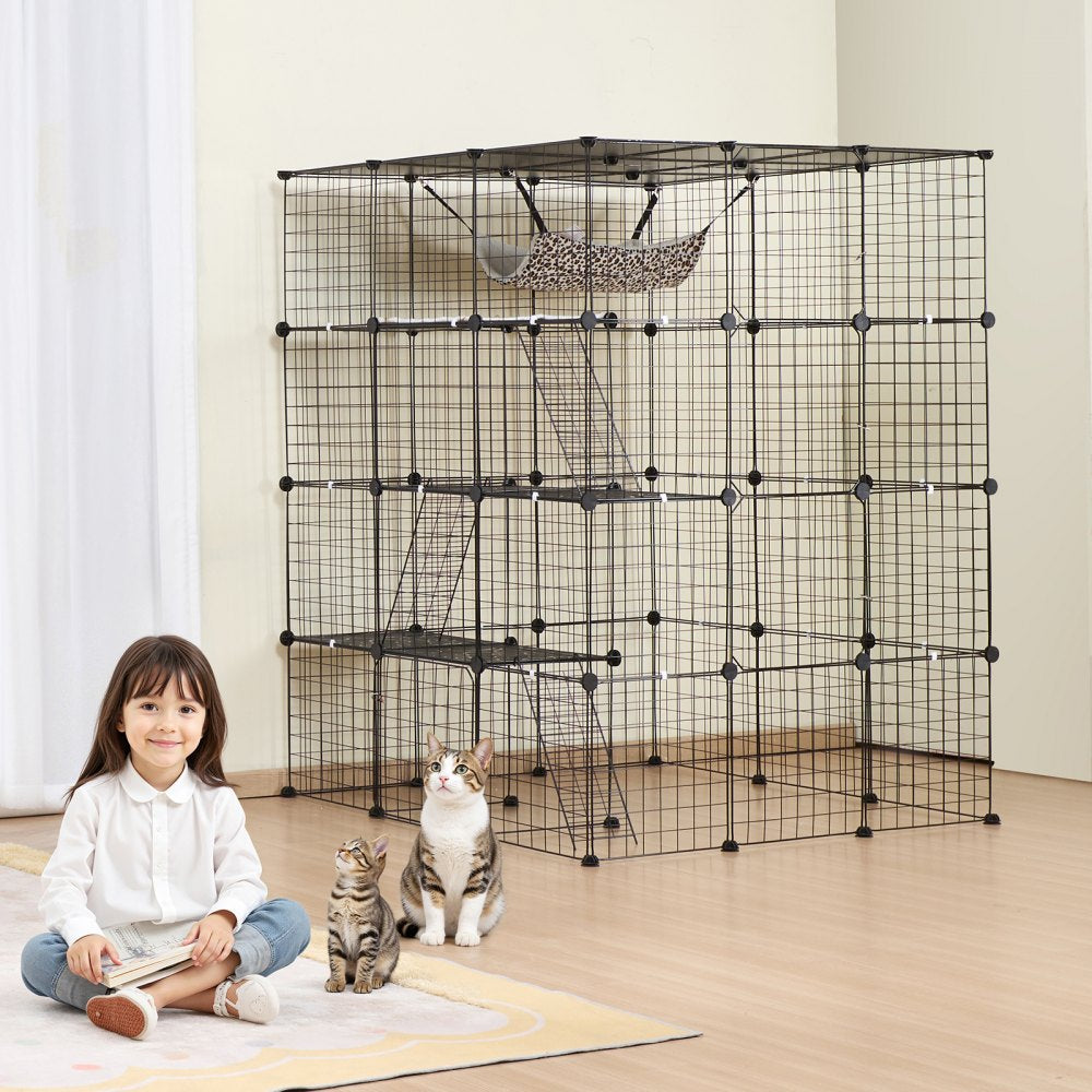 VEVOR Large 4-tier Cat Cage, 41 x 41 x 55", Detachable Metal Wire Cat Enclosure, with 4 Front Doors Hammock Ramp ladders, Indoor & Outdoor Crate Exercise Place Ideal for Kitty, Small Animals, Black