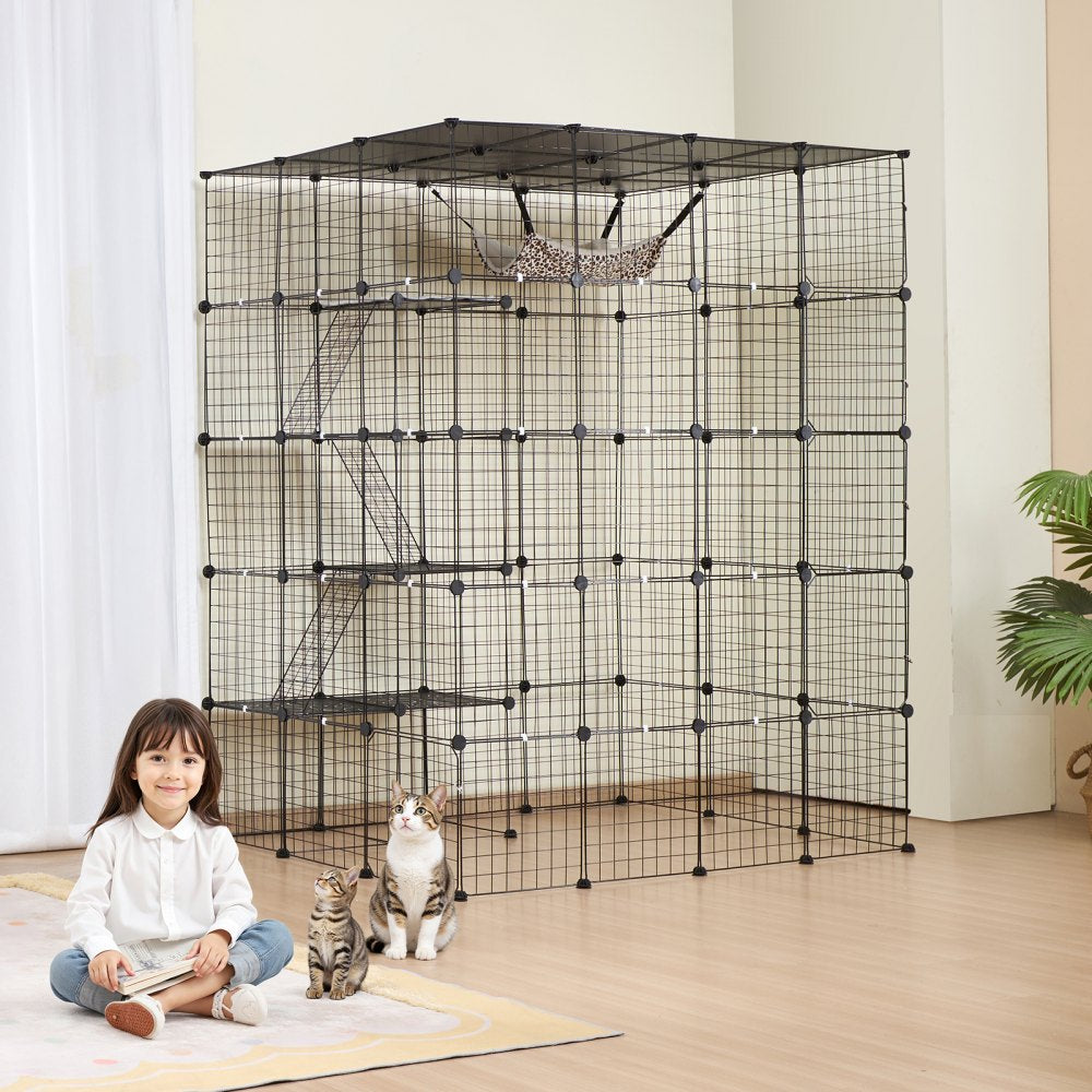 VEVOR Large 4-tier Cat Cage, 54 x 41 x 69", Detachable Metal Wire Cat Enclosure, with 5 Front Doors Hammock Ramp ladders, Indoor & Outdoor Crate Exercise Place Ideal for Kitty, Small Animals, Black