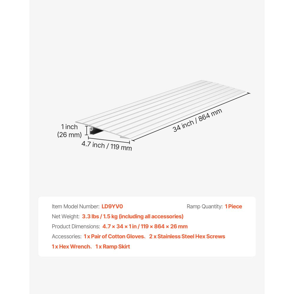 VEVOR Door Threshold Ramp, 1 inch Rise, Aluminum Alloy Threshold Ramp Rated 800 lbs Load Capacity, Handicap Ramps for Home Steps for Wheelchair, Scooters, Power Chairs, Walkers, Bicycle, Tricycle