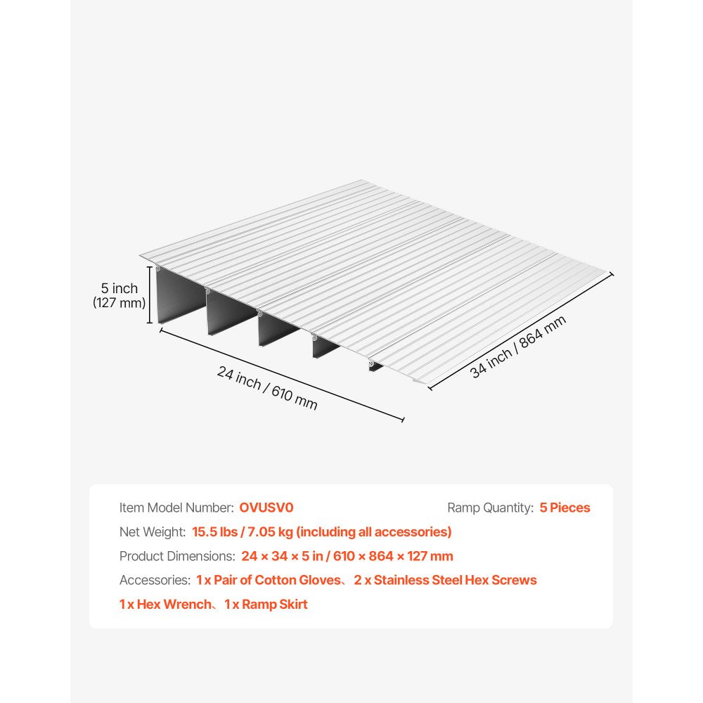 VEVOR Door Threshold Ramp, 5 inch Rise, Aluminum Alloy Threshold Ramp Rated 800 lbs Load Capacity, Handicap Ramps for Home Steps for Wheelchair, Scooters, Power Chairs, Walkers, Bicycle, Tricycle