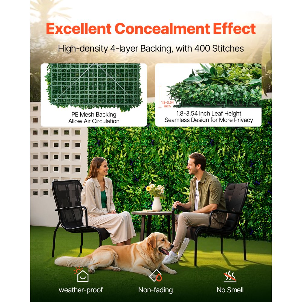 VEVOR Artificial Grass Wall Panels, 12 PCS 20 x 20 inch, 3D Combination Greenery Boxwood  Panel for Indoor Outdoor Green Decor & Ivy Fence Covering, Privacy Backdrop Wall Hedge Screen for Garden