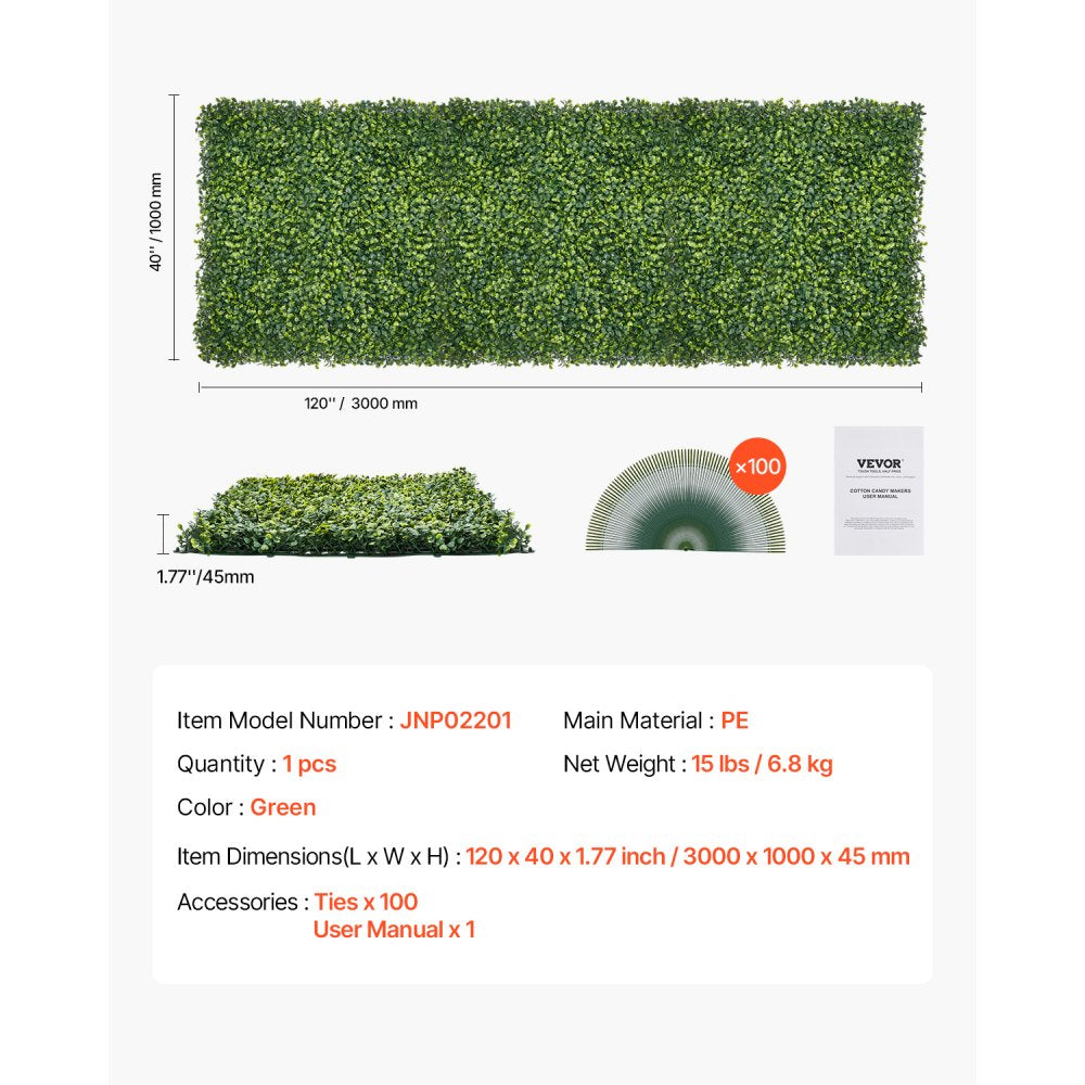 VEVOR Artificial Grass Wall Panels, 40 x 120 inch, Milan Grass Greenery Boxwood Panel for Indoor Outdoor Green Decor & Ivy Fence Covering, Privacy Backdrop Wall Hedge Screen for Garden
