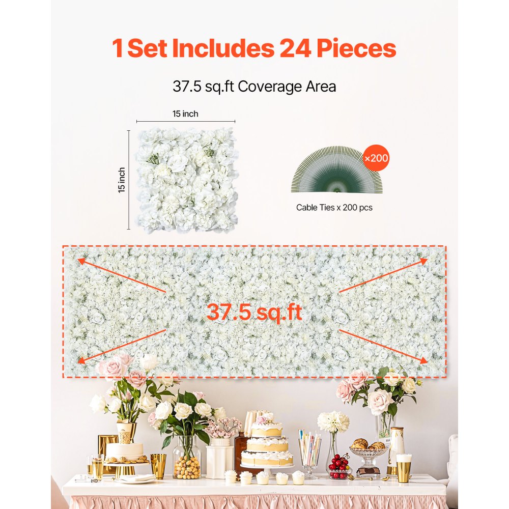 VEVOR 3D Flower Wall Panel, 24 PCS 15 x 15 inch, Artificial Floral Wall Background Mesh Backing Mat,Seamless Design&Easy Installation for Wedding Valentines Day Home Baby Party Backdrop Decor,White