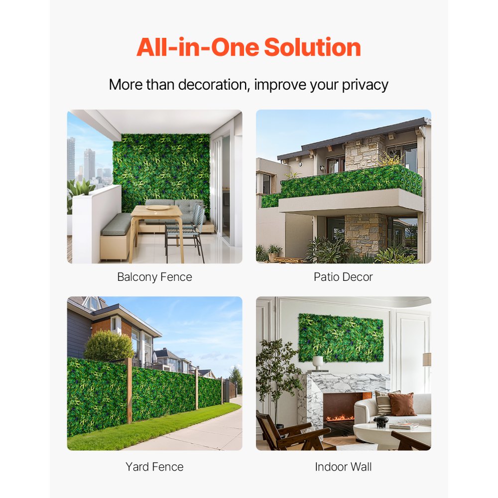 VEVOR Artificial Grass Wall Panels, 8 PCS 20 x 20 inch, 3D Combination Greenery Boxwood  Panel for Indoor Outdoor Green Decor & Ivy Fence Covering, Privacy Backdrop Wall Hedge Screen for Garden