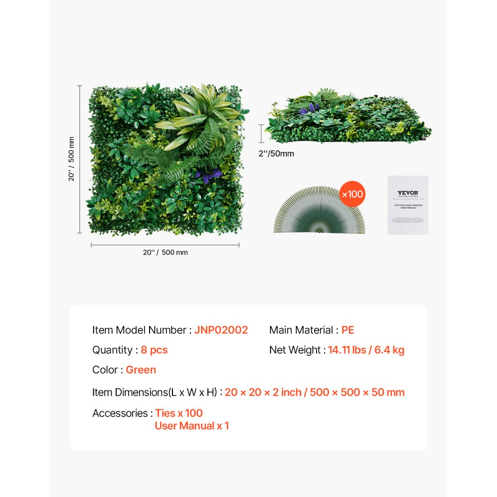 VEVOR Artificial Grass Wall Panels, 8 PCS 20 x 20 inch, 3D Combination Greenery Boxwood  Panel for Indoor Outdoor Green Decor & Ivy Fence Covering, Privacy Backdrop Wall Hedge Screen for Garden