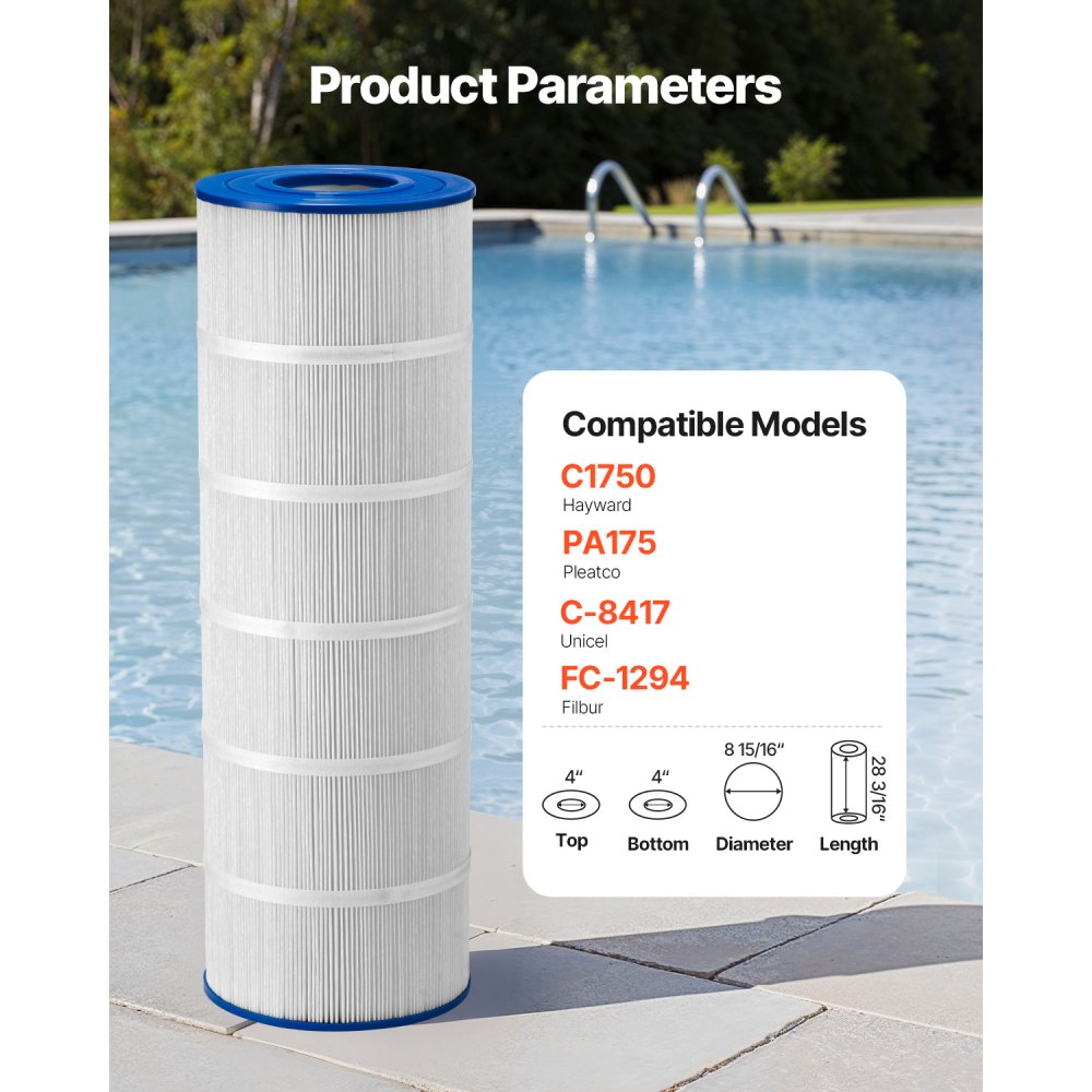 VEVOR Pool Filter Cartridge, 175 Sq. Ft Spa Hot Tub Filter Cartridge Replacement, Compatible with Pleatco PA175, Hayward C1750, Secure for Kids & Pet, Trilobal Pleated, Easy to Clean