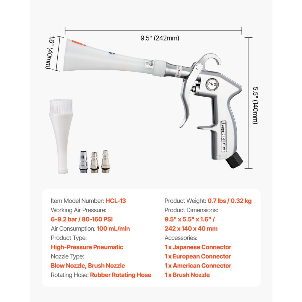 VEVOR Car Cleaning Gun, 6-9.2 Bar High-Pressure Air Blow Gun with 2 Set Nozzles, 360° Rotating Nozzle for Thorough Cleaning, Quickly Blasts Dirt and Dust from Surface, Work with 1/4 NPT Air Compressor